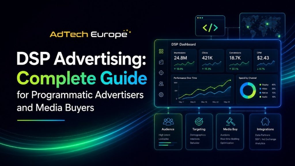 AdTech Europe feature image showing a DSP advertising dashboard with campaign metrics, programmatic buying charts, audience targeting, media buying, and integrations.