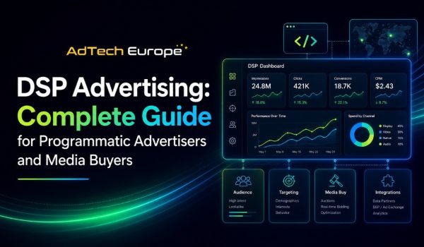 AdTech Europe feature image showing a DSP advertising dashboard with campaign metrics, programmatic buying charts, audience targeting, media buying, and integrations.