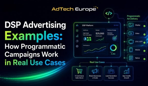 AdTech Europe infographic showing key DSP features to evaluate before buying, including targeting, bidding, reporting, data, and integrations.