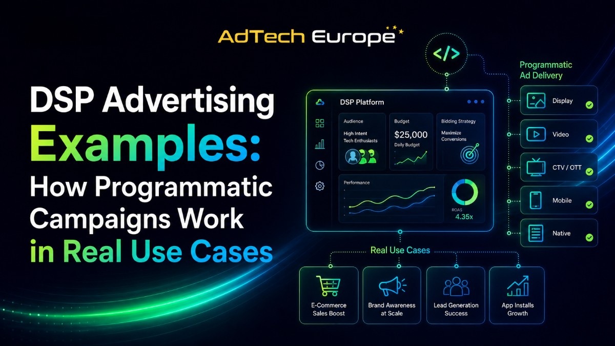 AdTech Europe infographic showing key DSP features to evaluate before buying, including targeting, bidding, reporting, data, and integrations.