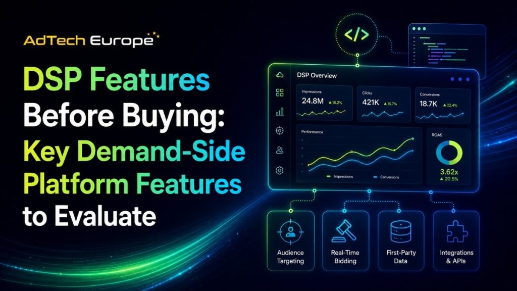 DSP Features Before Buying: Key DSP features to evaluate, with dashboard visuals and icons for targeting, bidding, data, and integrations.