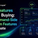 DSP Features Before Buying: Key DSP features to evaluate, with dashboard visuals and icons for targeting, bidding, data, and integrations.