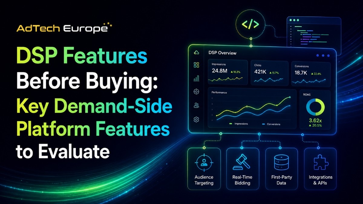 DSP Features Before Buying: Key DSP features to evaluate, with dashboard visuals and icons for targeting, bidding, data, and integrations.