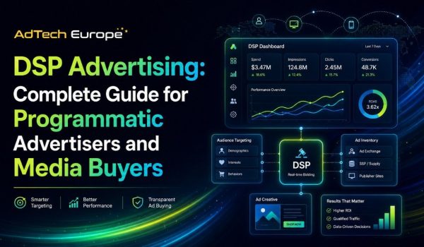 AdTech Europe feature image showing a DSP marketing dashboard, programmatic buying flow, audience targeting, ad inventory, creatives, and performance results.