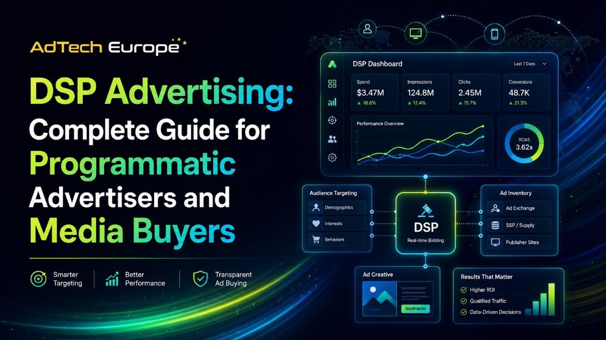 AdTech Europe feature image showing a DSP marketing dashboard, programmatic buying flow, audience targeting, ad inventory, creatives, and performance results.
