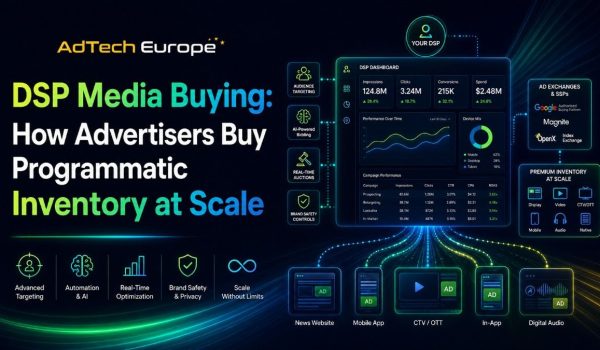 Feature image for DSP media buying showing an AdTech Europe dashboard, programmatic channels, targeting, bidding, and inventory scale.