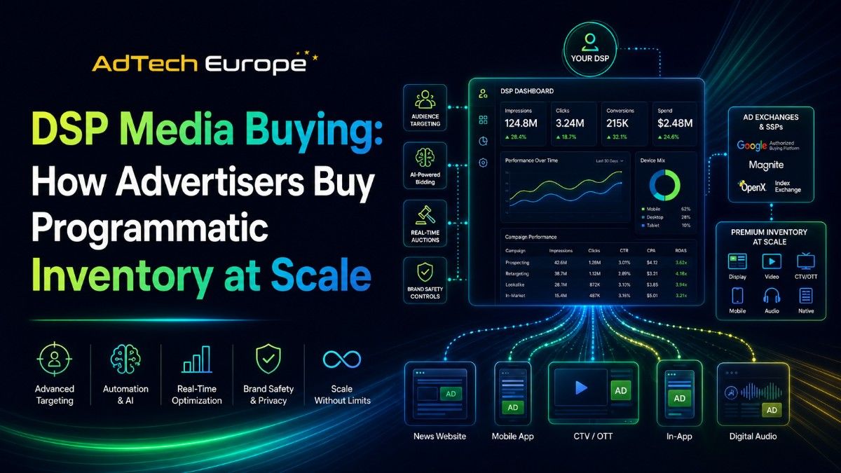 Feature image for DSP media buying showing an AdTech Europe dashboard, programmatic channels, targeting, bidding, and inventory scale.