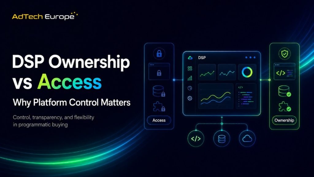 AdTech Europe blog hero showing DSP Ownership vs Access, with a glowing DSP dashboard and icons for code, data, integrations, and platform control points.