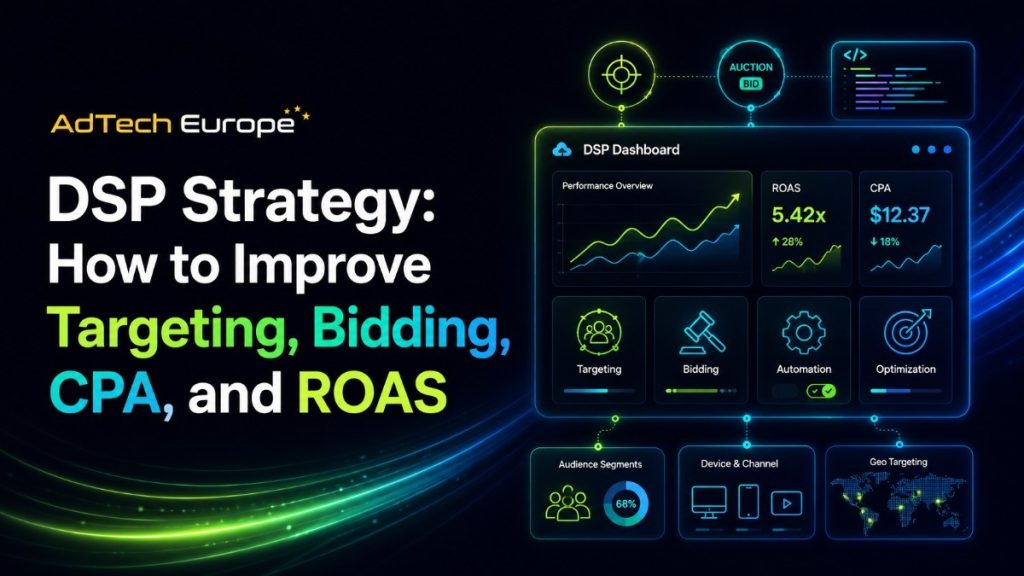 AdTech Europe DSP dashboard showing targeting, bidding, CPA, and ROAS strategy with neon analytics and programmatic buying visuals.