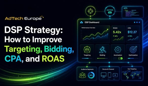 AdTech Europe DSP dashboard showing targeting, bidding, CPA, and ROAS strategy with neon analytics and programmatic buying visuals.