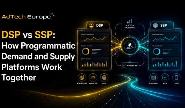 DSP vs SSP feature image showing programmatic demand and supply platforms connected through auctions, data, and real-time bidding.