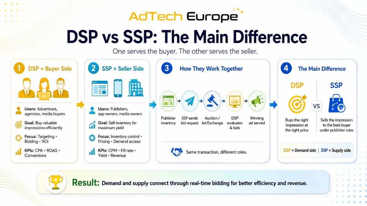 DSP vs SSP infographic explaining buyer-side and seller-side roles, goals, users, KPIs, and how both connect in programmatic ads.