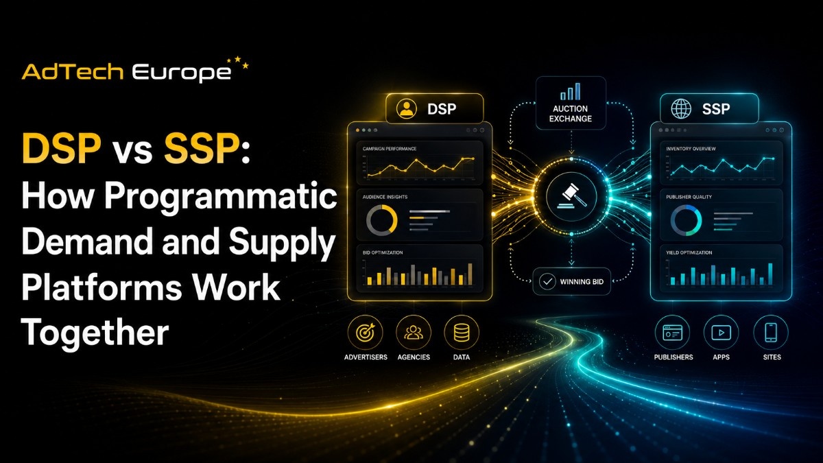 DSP vs SSP feature image showing programmatic demand and supply platforms connected through auctions, data, and real-time bidding.
