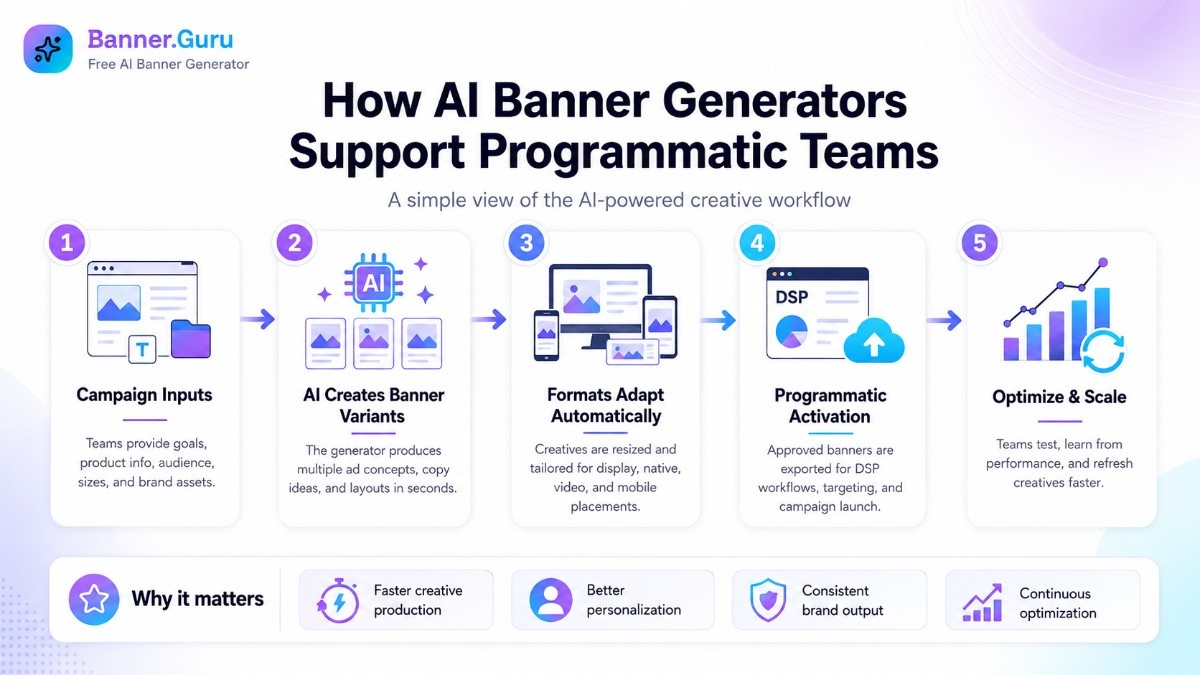 Infographic titled “How AI Banner Generators Support Programmatic Teams,” showing a five-step AI-powered creative workflow: campaign inputs, AI-created banner variants, automatic format adaptation, programmatic activation, and optimize and scale. A bottom row highlights benefits: faster creative production, better personalization, consistent brand output, and continuous optimization