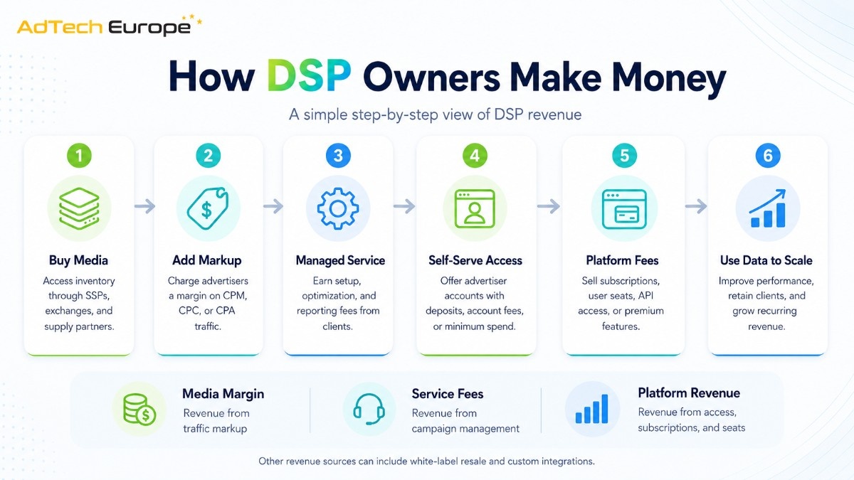 DSP owners revenue infographic showing how programmatic DSPs make money through media buying, markup, managed services, fees, and data scaling.