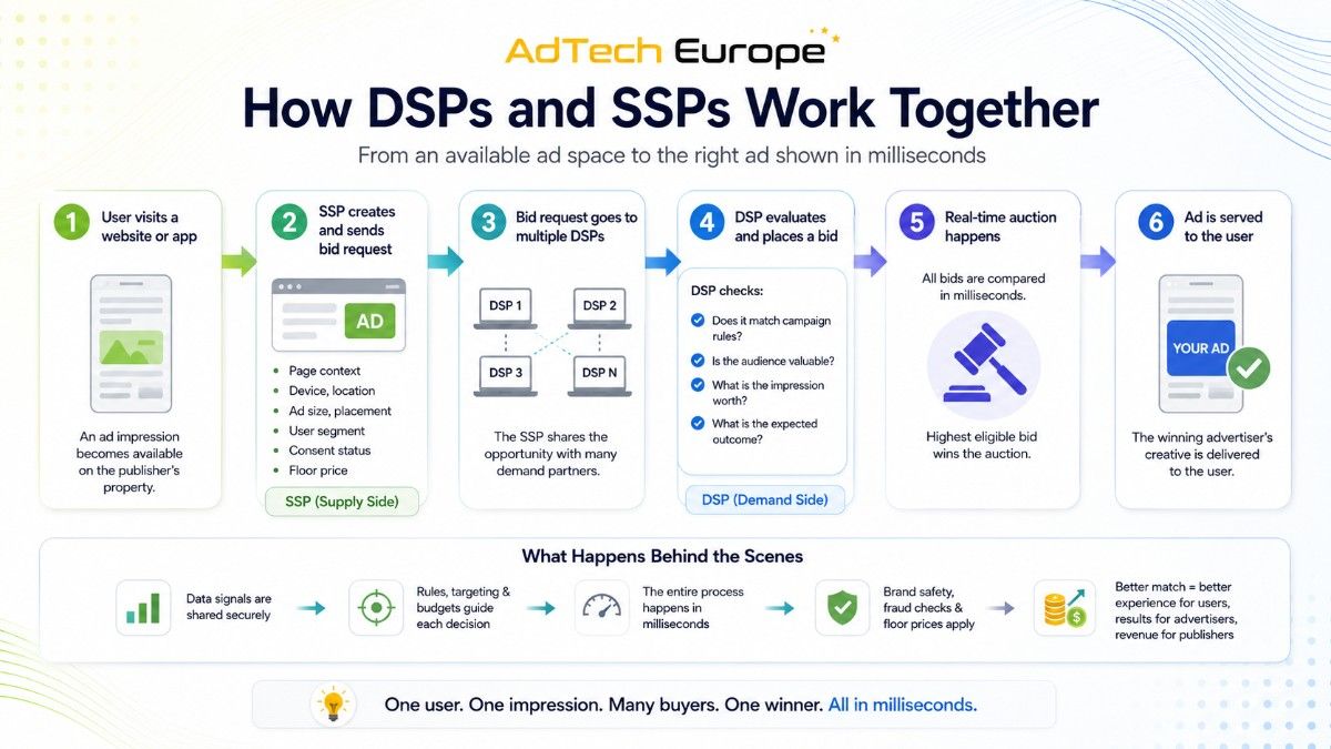 Process infographic showing how a user visit becomes an ad impression, SSP bid request, DSP bid, auction, and winning ad served.