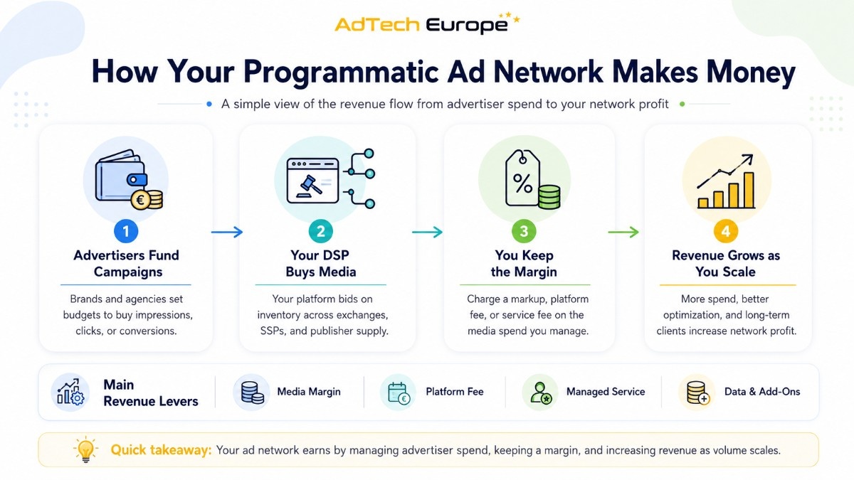 Revenue flow infographic showing how advertisers fund campaigns, a DSP buys media, margins are kept, and profit grows with scale.