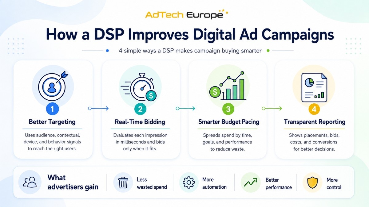 AdTech Europe feature image showing a DSP advertising dashboard, programmatic buying flow, audience targeting, ad inventory, creatives, and performance results.