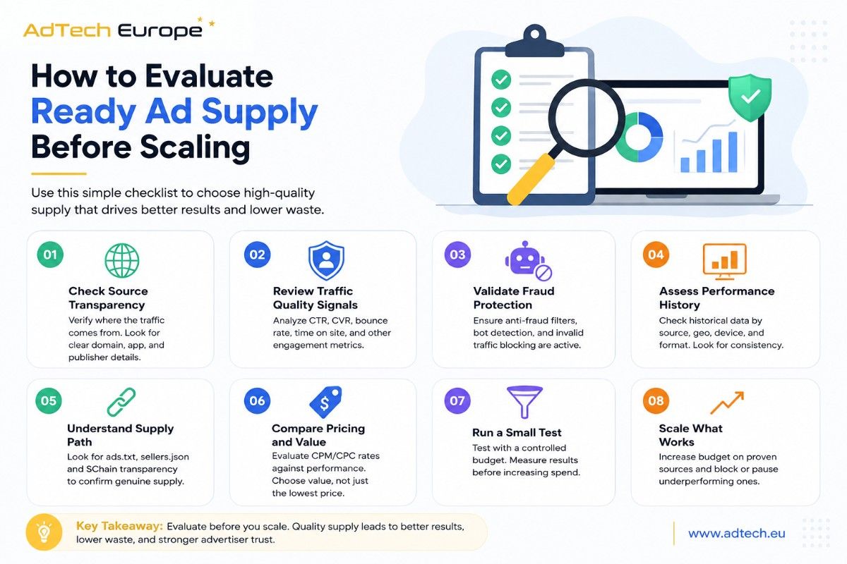 AdTech Europe checklist for evaluating ready ad supply before scaling, covering transparency, traffic quality, fraud protection, and pricing.