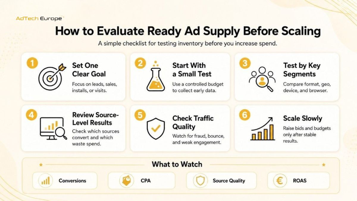 Infographic checklist showing six steps to evaluate ready ad supply before scaling, including goal setting, small testing, segment review, source-level results, traffic quality, and slow scaling.