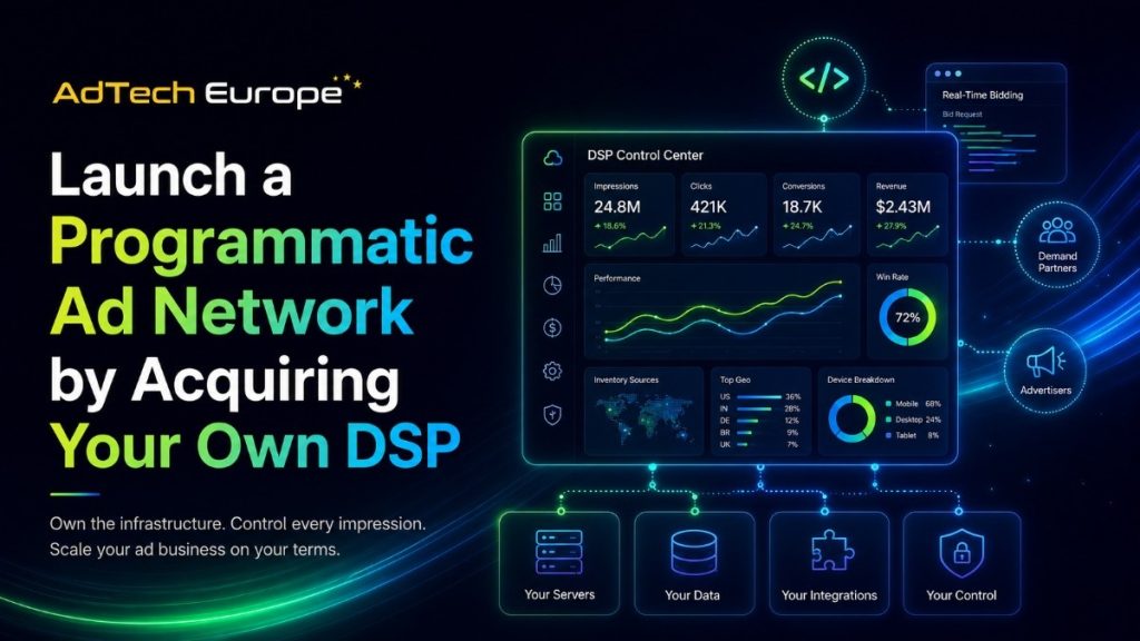 AdTech Europe banner showing a DSP dashboard and headline about launch programmatic ad network by acquiring your own DSP.
