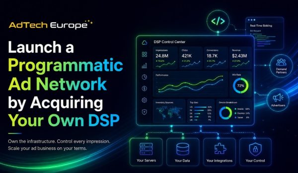 AdTech Europe banner showing a DSP dashboard and headline about launch programmatic ad network by acquiring your own DSP.