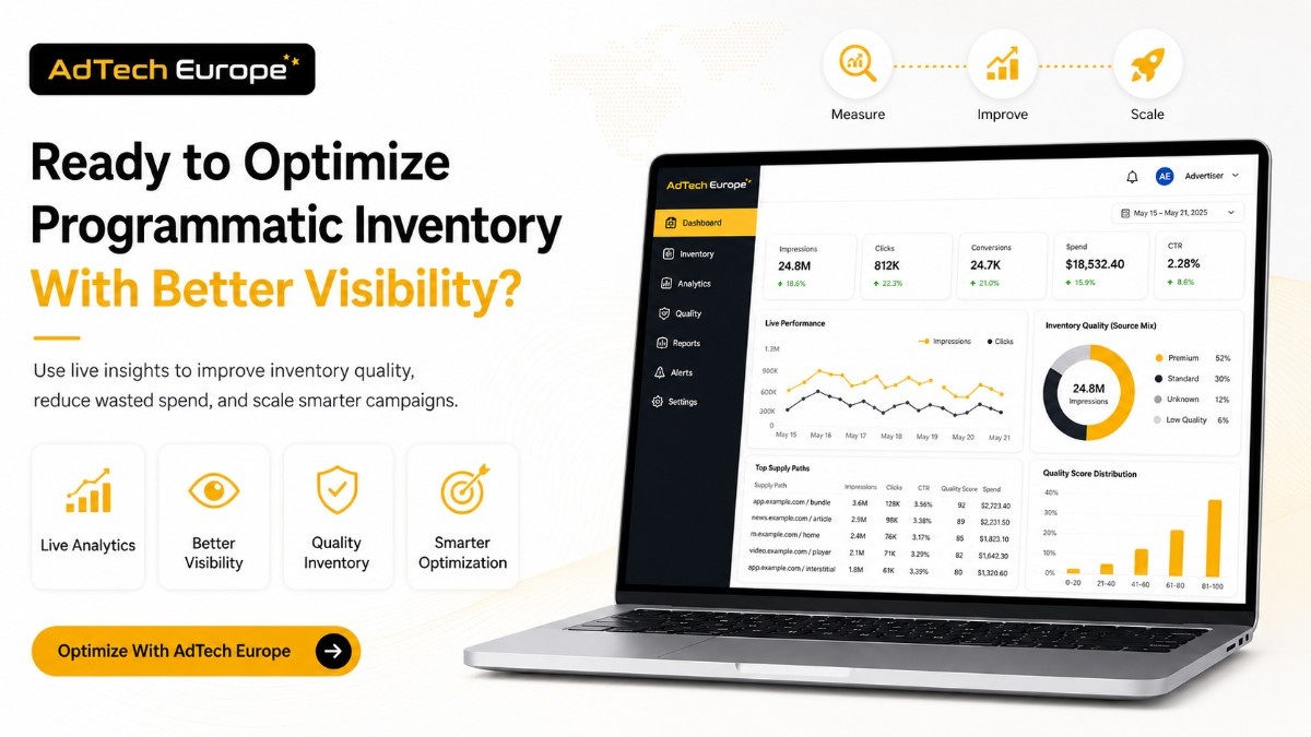 AdTech Europe banner showing programmatic inventory optimization with live analytics, better visibility, quality inventory, and smarter scaling.