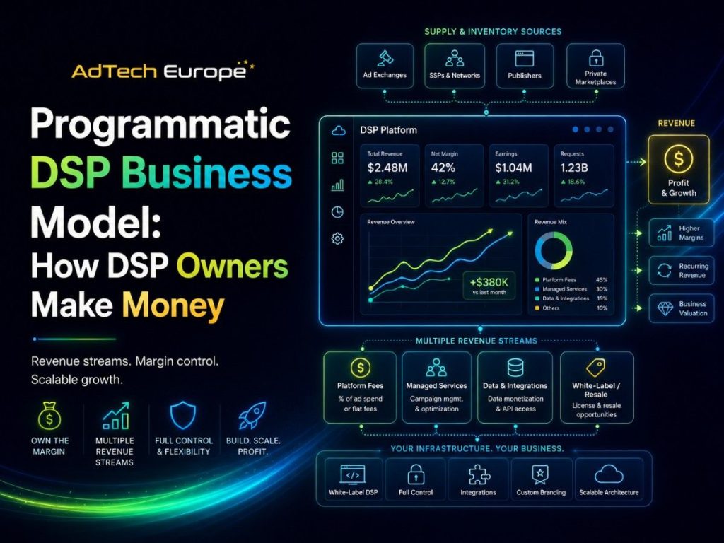 AdTech Europe feature image showing a Programmatic DSP business model with revenue dashboards, margin control, data integrations, and scalable programmatic growth.