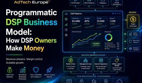AdTech Europe feature image showing a Programmatic DSP business model with revenue dashboards, margin control, data integrations, and scalable programmatic growth.