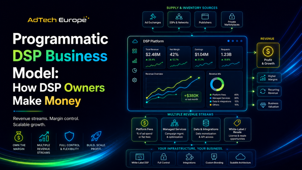 AdTech Europe feature image showing a Programmatic DSP business model with revenue dashboards, margin control, data integrations, and scalable programmatic growth.