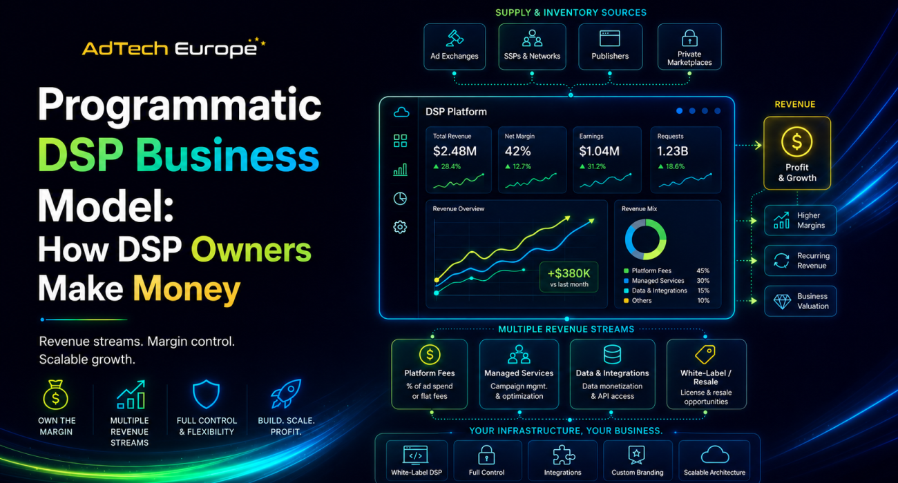 AdTech Europe feature image showing a Programmatic DSP business model with revenue dashboards, margin control, data integrations, and scalable programmatic growth.
