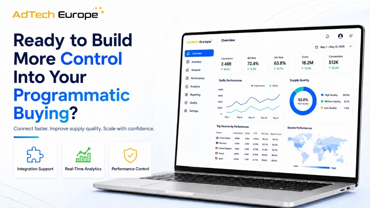 AdTech Europe dashboard image promoting better programmatic buying control with integrations, analytics, supply quality, and performance tools.