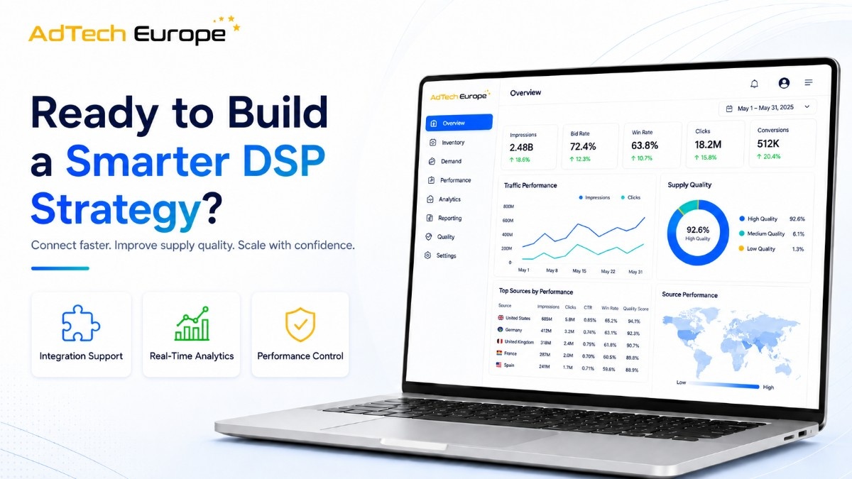 AdTech Europe CTA hero with DSP dashboard laptop, analytics, integration support, real-time analytics, and performance control.