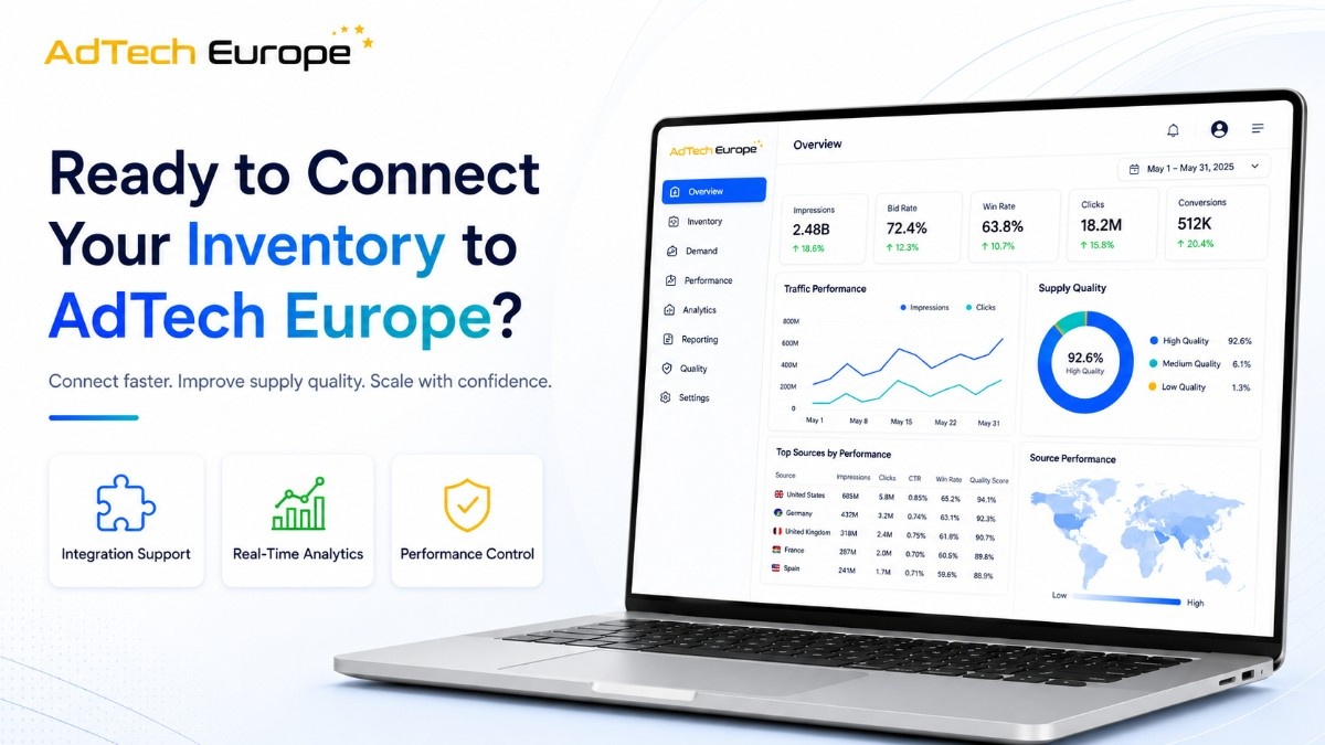 AdTech Europe dashboard image inviting supply partners to connect inventory, improve supply quality, track analytics, and scale demand.