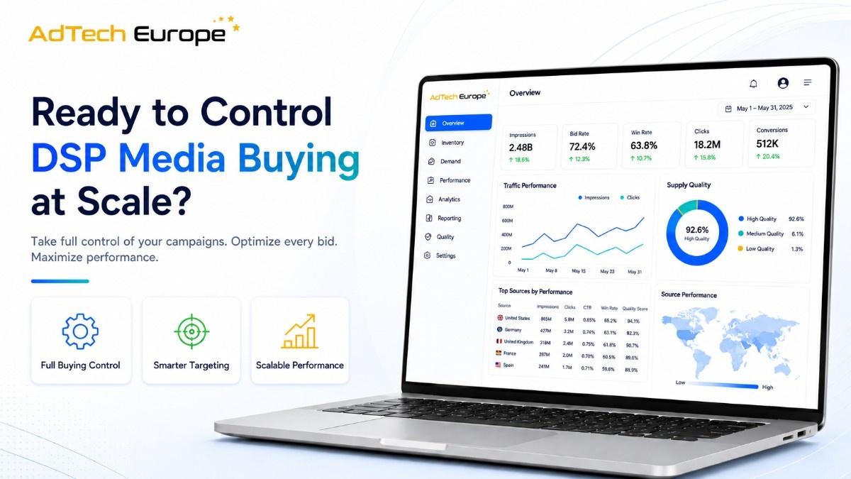 Promotional AdTech Europe banner showing a DSP dashboard on a laptop with key benefits: full buying control, smarter targeting, and scalable performance.