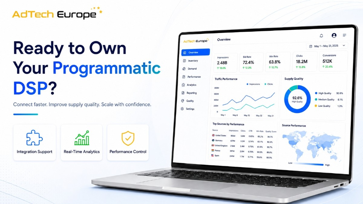 AdTech Europe promotional image showing a programmatic DSP dashboard on a laptop with the headline “Ready to Own Your Programmatic DSP?” and key benefits including integration support, real-time analytics, and performance control.
