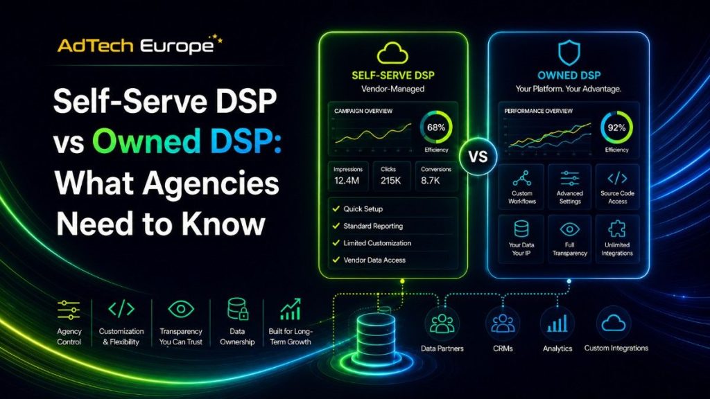 AdTech Europe feature image comparing self-serve DSP and owned DSP for agencies, highlighting control, data, source code, and growth.