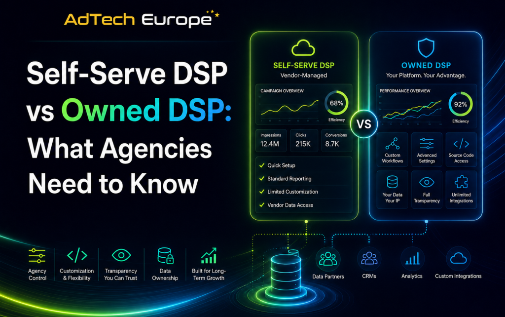 AdTech Europe feature image comparing self-serve DSP and owned DSP for agencies, highlighting control, data, source code, and growth.