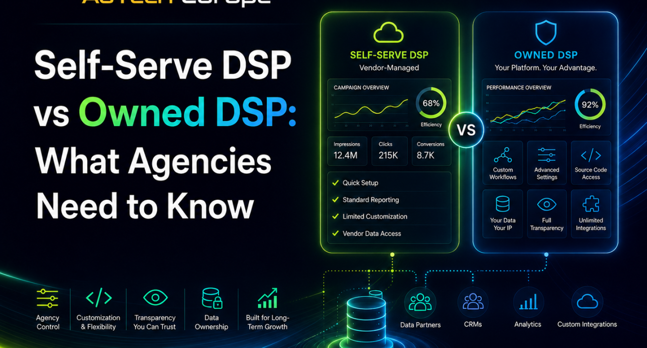 AdTech Europe feature image comparing self-serve DSP and owned DSP for agencies, highlighting control, data, source code, and growth.
