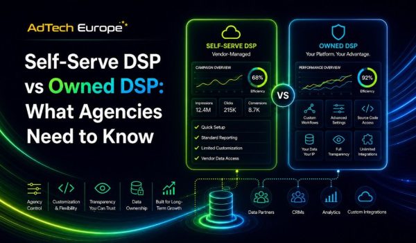 AdTech Europe feature image comparing self-serve DSP and owned DSP for agencies, highlighting control, data, source code, and growth.