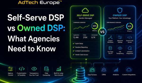 AdTech Europe feature image comparing self-serve DSP and owned DSP for agencies, highlighting control, data, source code, and growth.
