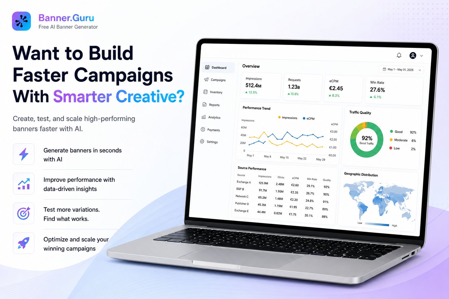 Banner.Guru graphic showing faster campaign building with smarter AI creatives, banner generation, data insights, and a campaign dashboard.