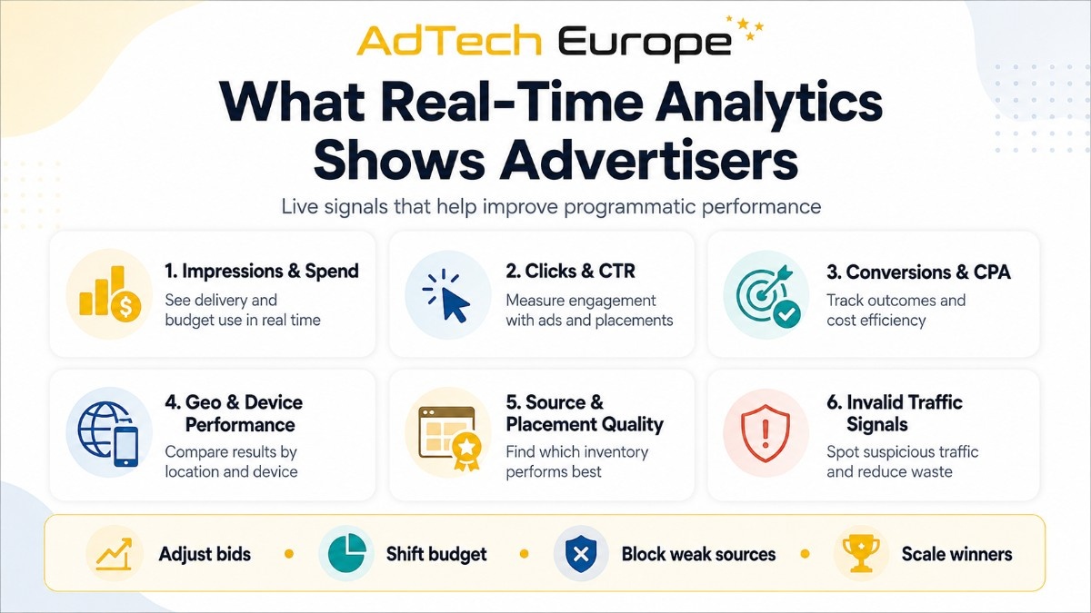 AdTech Europe infographic showing real-time analytics for advertisers, including impressions, CTR, conversions, CPA, and traffic quality.