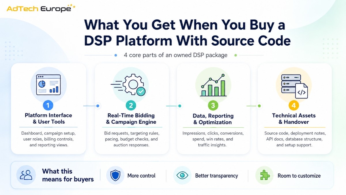 Infographic showing four core parts of an owned DSP package: interface tools, real-time bidding, reporting optimization, and technical handover support.