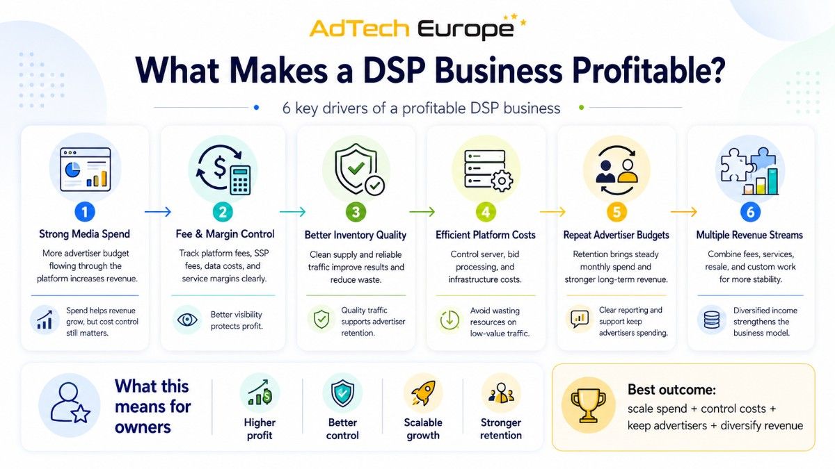 Infographic showing who benefits from DSP ownership: agencies, media buyers, ad networks, affiliates, existing DSPs, and ad-tech startups.