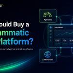 AdTech Europe blog hero showing who should buy a Programmatic DSP Platform, with agency, media buyer, ad network, and startup cards around a DSP dashboard.
