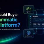 AdTech Europe blog hero showing who should buy a Programmatic DSP Platform, with agency, media buyer, ad network, and startup cards around a DSP dashboard.