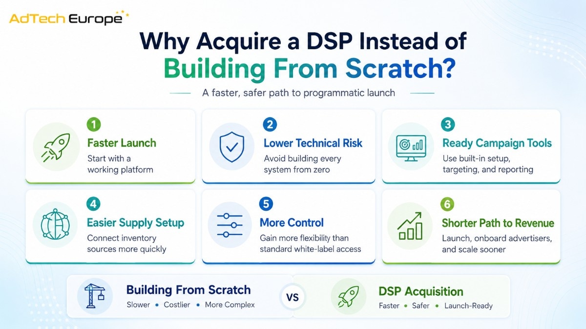 DSP acquisition infographic showing faster launch, lower technical risk, ready campaign tools, supply setup, control, and revenue benefits.