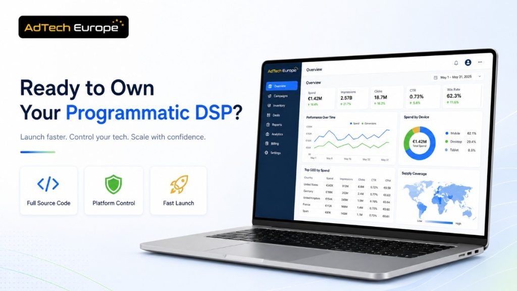 AdTech Europe programmatic DSP ownership banner showing a dashboard laptop with source code, platform control, and fast launch benefits.