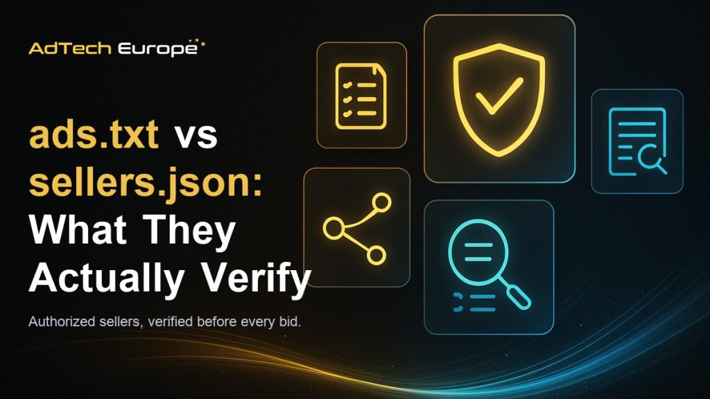 ads.txt, app-ads.txt, and sellers.json explained feature image showing verified supply chain authorization for programmatic buyers.
